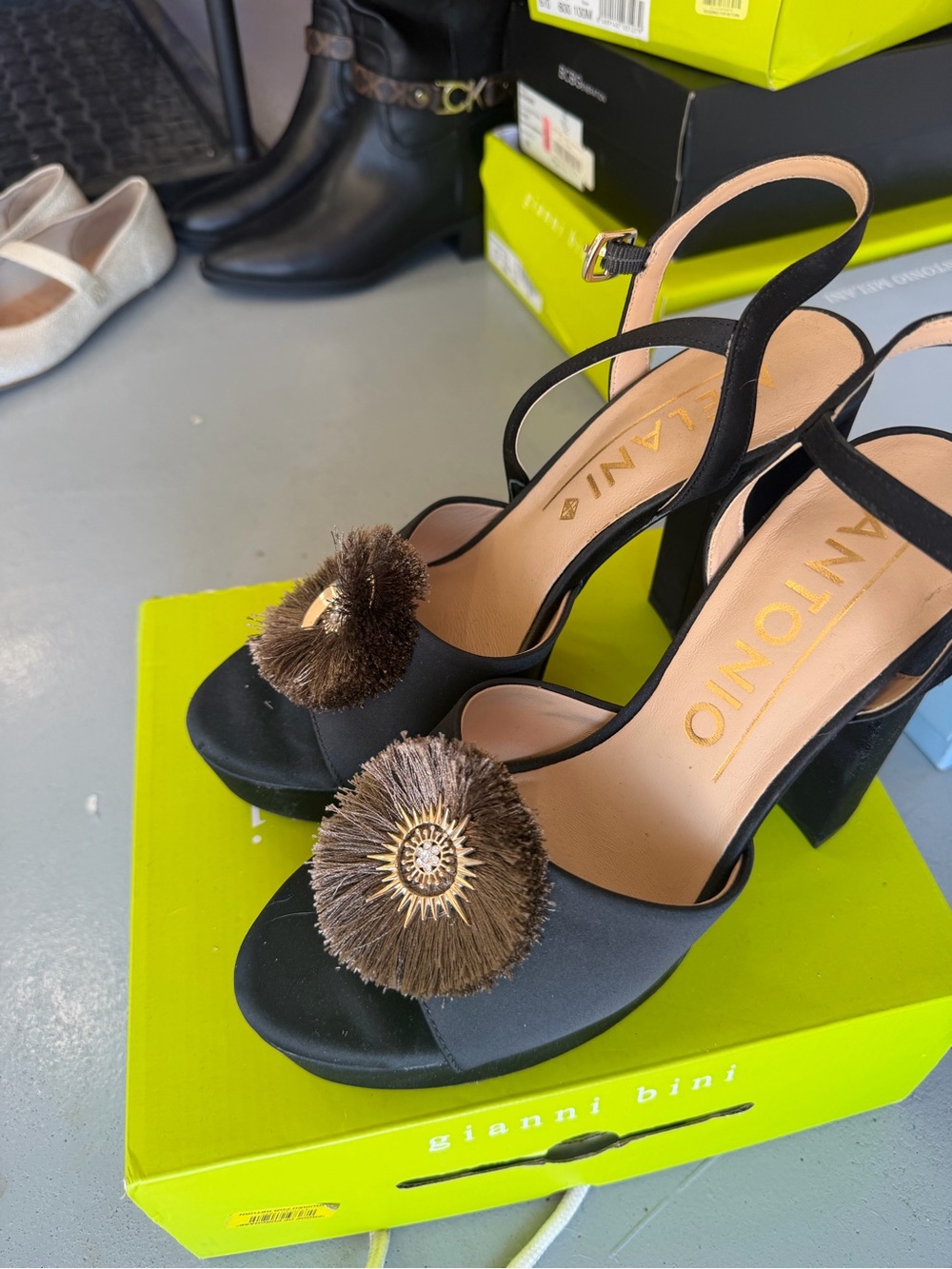 Gianni Bini Black Slingback Heels with Brown Pom-Pom Accent